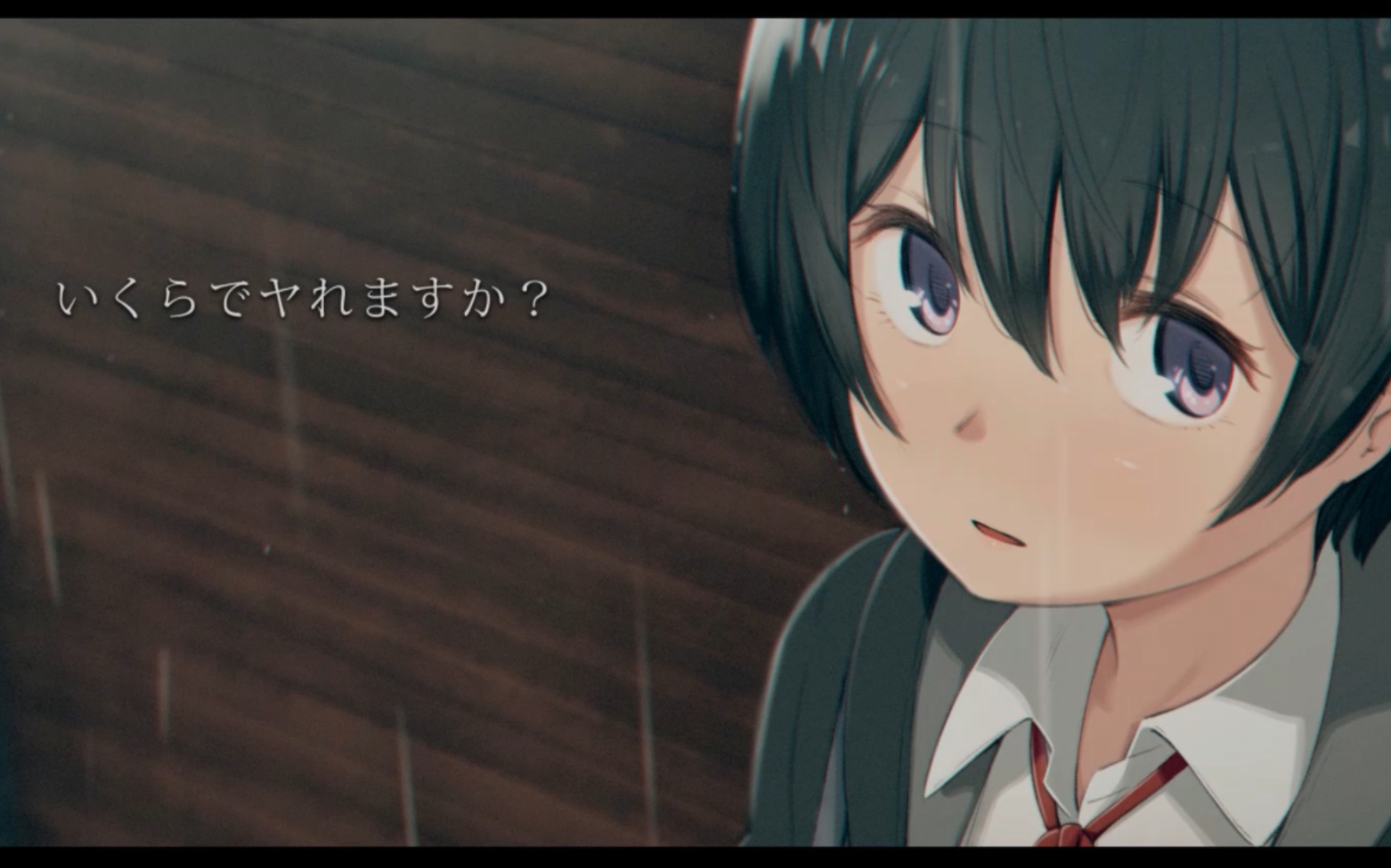 Her flowing locks touches her shoulder while she gazes away