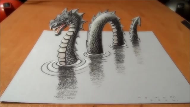 3d绘画尼斯湖怪物,在纸上的艺术龙