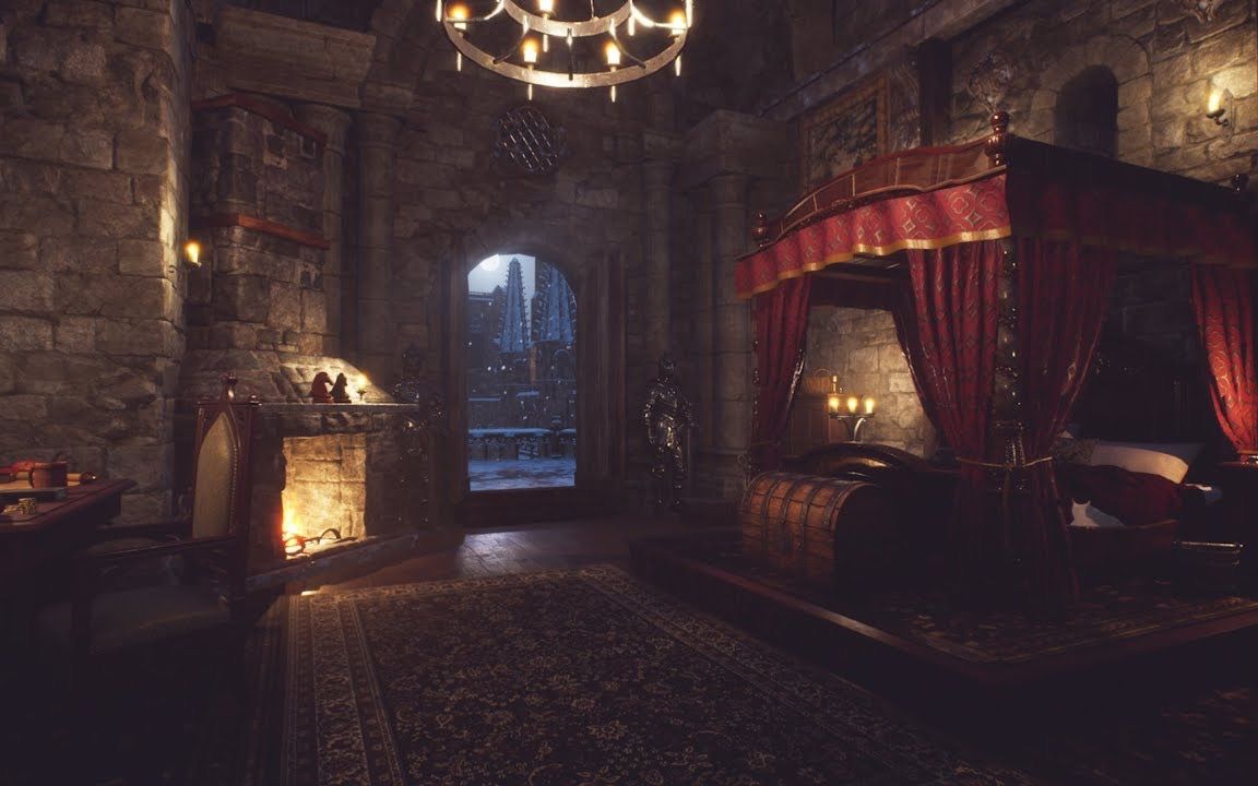 冬季氛围❄️🏰城堡中的舒适夜晚｜温暖的壁炉 安静的飘雪｜3h｜环境音 白噪音