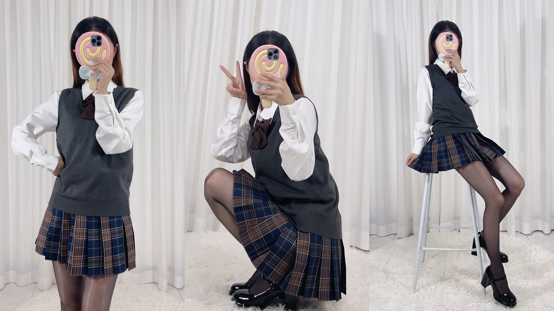 棕色格裙配灰色毛衣 | 小学妹的JK日常