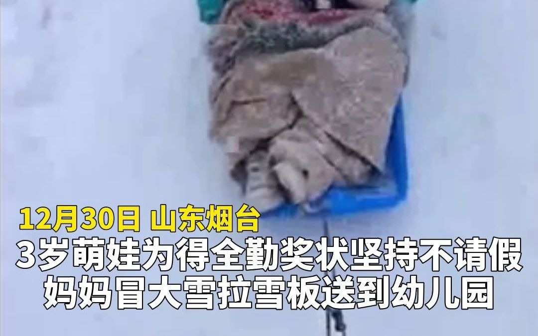 3岁萌娃为得全勤奖状坚持不请假 妈妈冒大雪拉雪板送到幼儿园