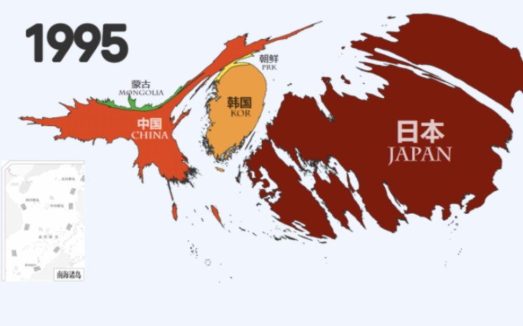 东亚五国GDP变形地图，版图从扭曲逐渐正常