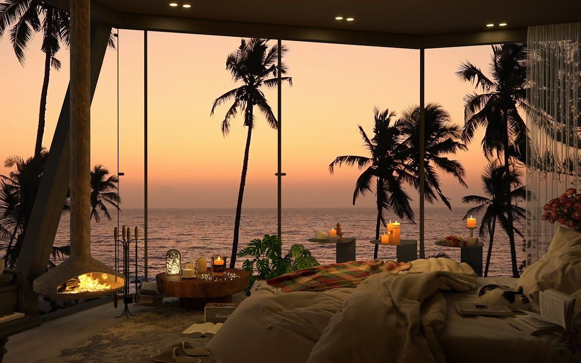 【卧室氛围】4K 夏天舒适的卧室 | 海滩日落的景色 | 流畅钢琴爵士音乐相伴