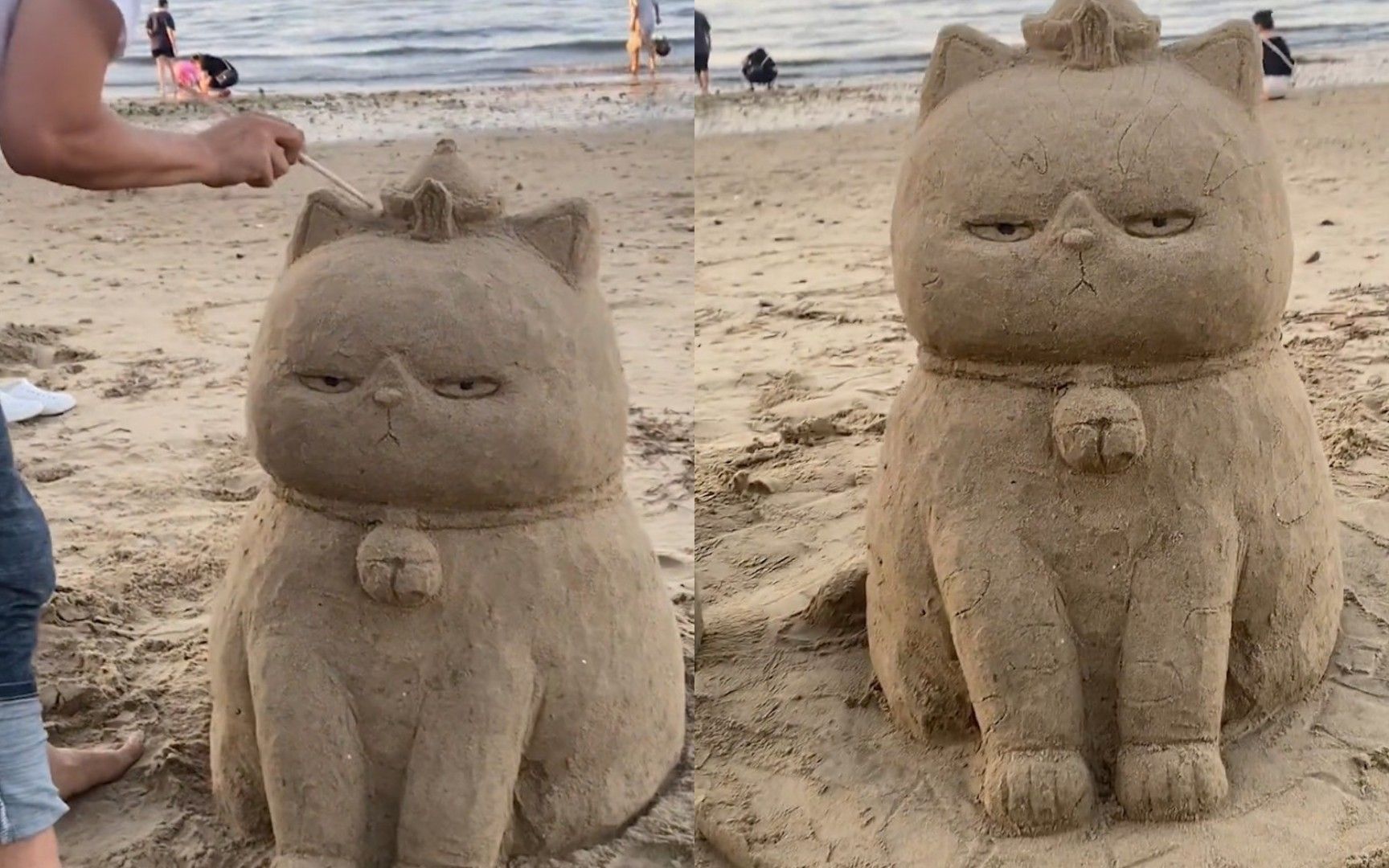 神了！山东一网友在沙滩上堆出“吾皇猫”网友：可以说一模一样