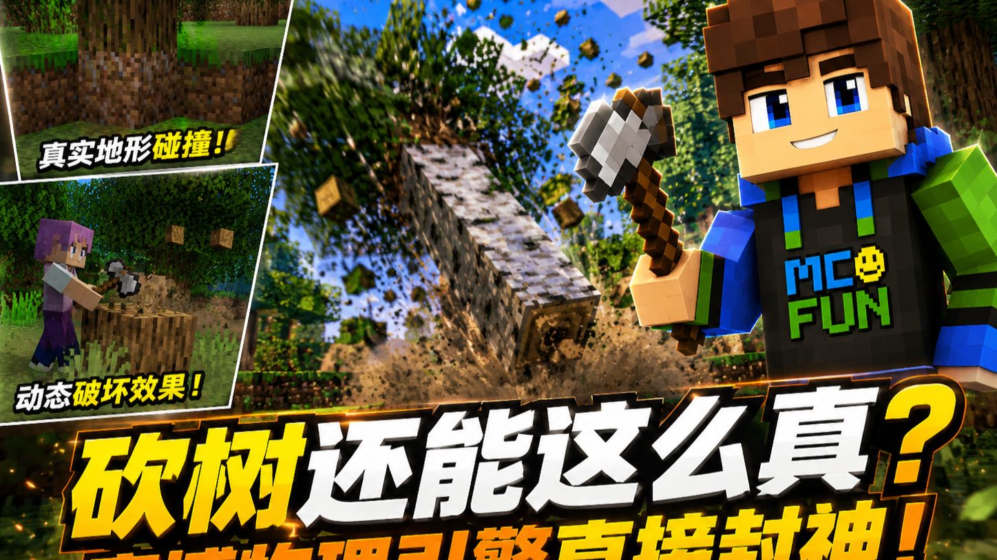 通过应用赛博物理引擎，这款Minecraft模组让树木在被砍伐时能展现出极具真实感的坠落效果！