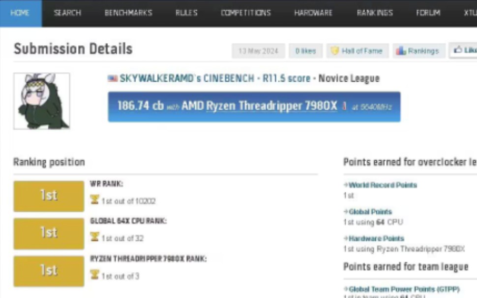 AMD Ryzen Threadripper 7980X 超频至5.64Ghz刷新HWBOT Cinebench R11.5世界记录！