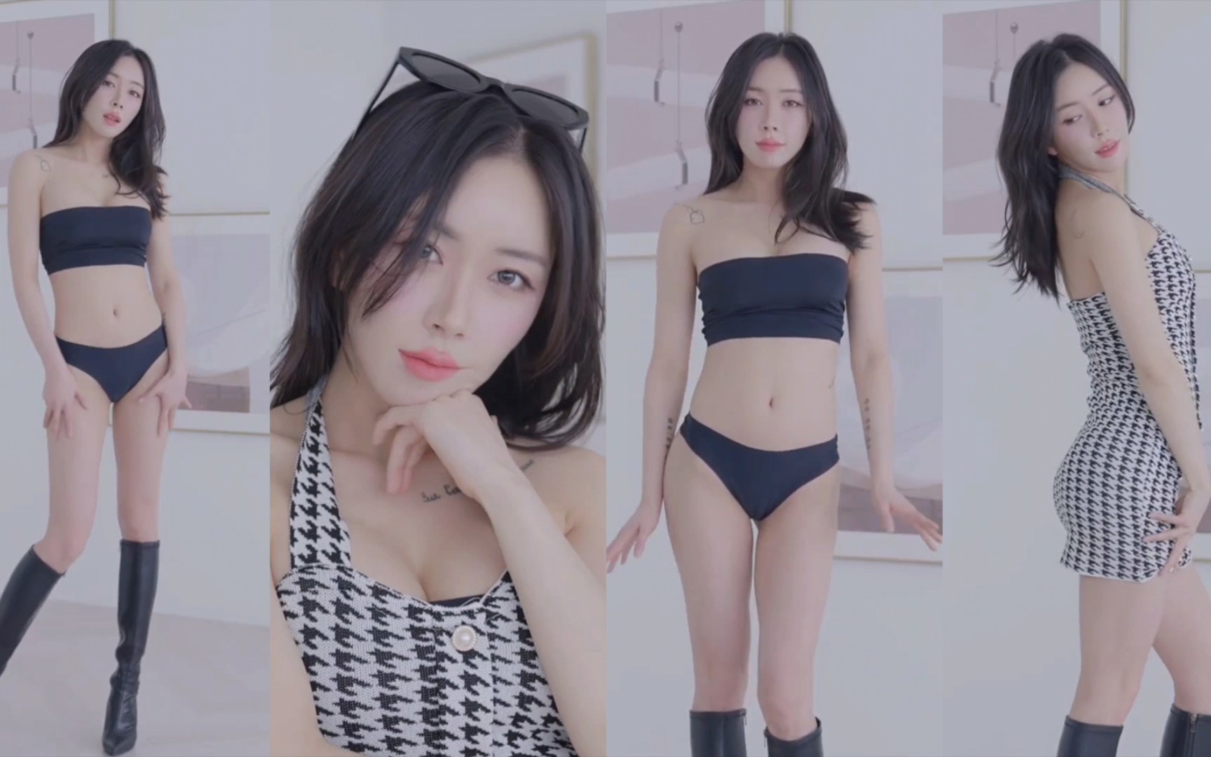 Sexy temperament model Choi apple black bustier suit & long boots neck dress wear show