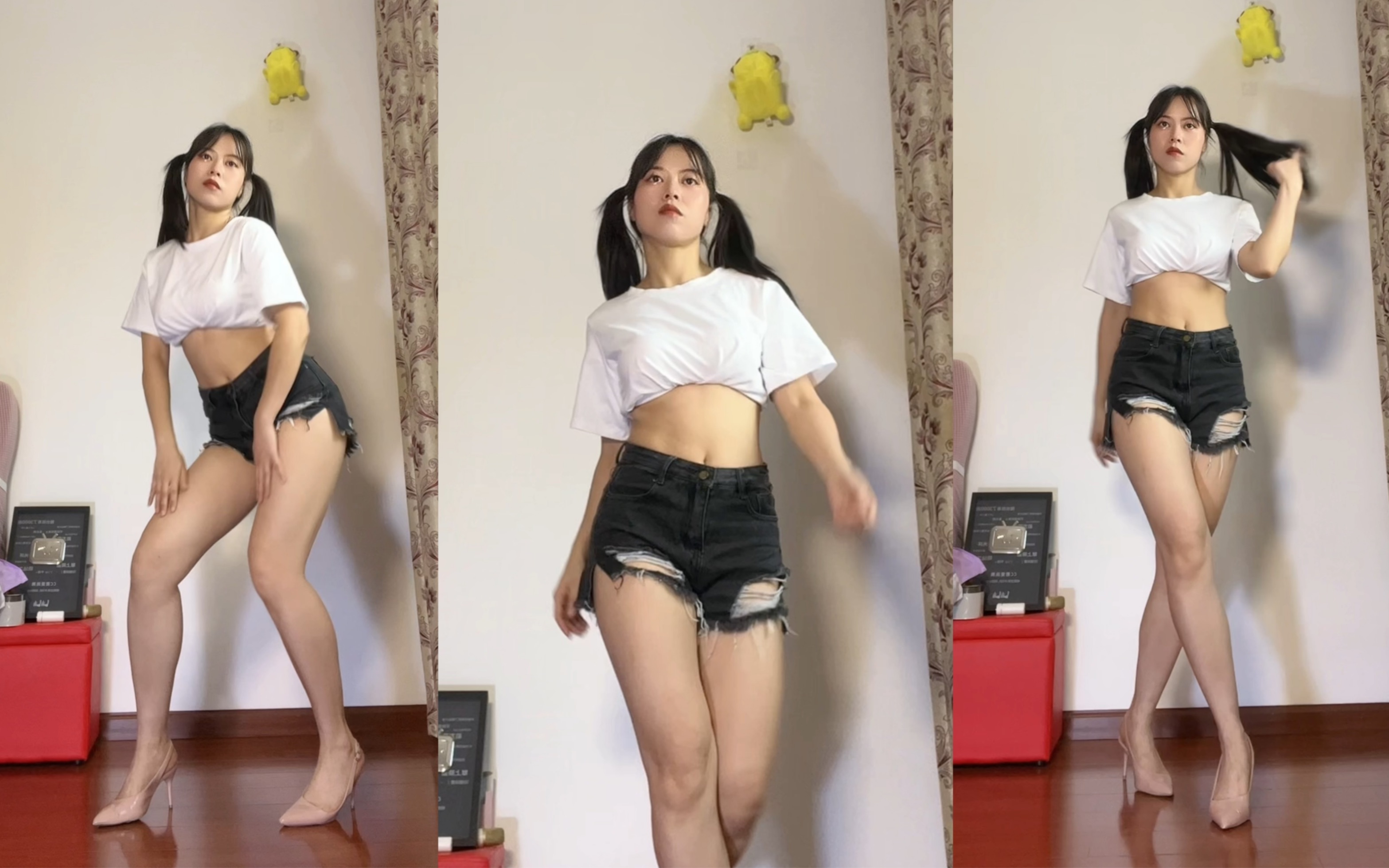 That hot chick with the double ponytail and heels doing the wiggle wiggle.