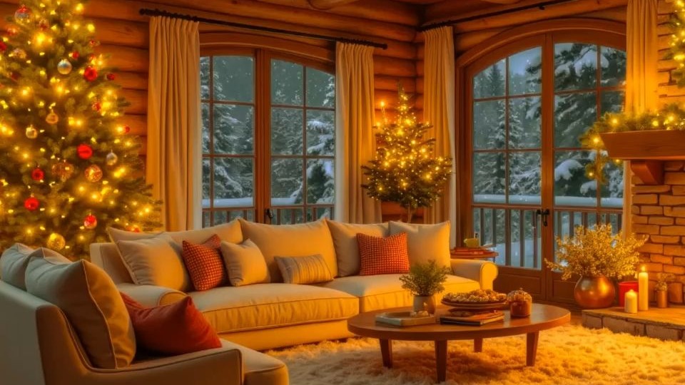 4602m 室内客厅圣诞节氛围圣诞树彩灯咖啡馆爵士音乐壁炉咖啡雪夜冬天雪景雪花飘落宁静的夜晚平安夜酒吧咖啡厅大屏幕led背景视频素材