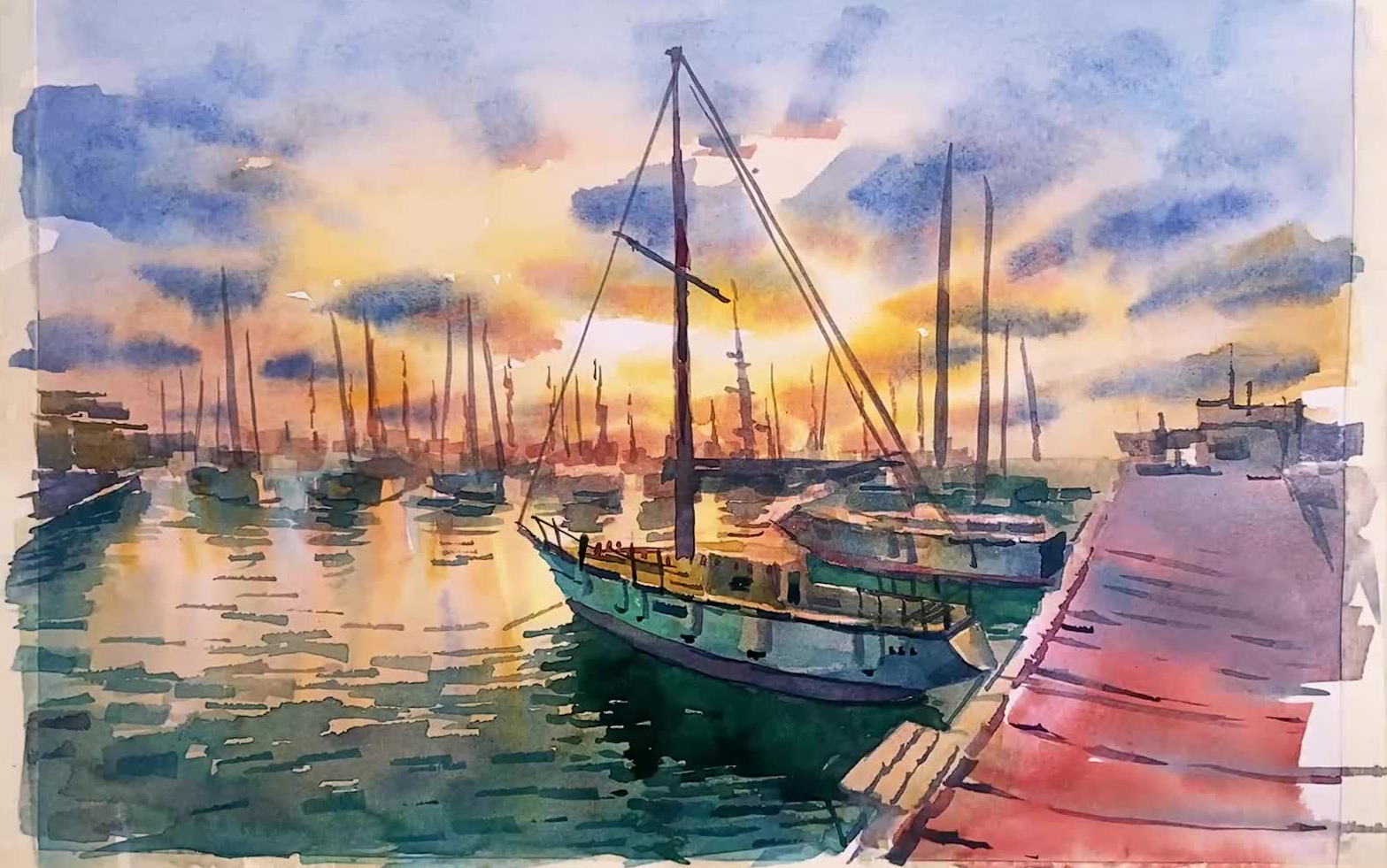 日落时分的游艇水彩风景画演示--Artgen