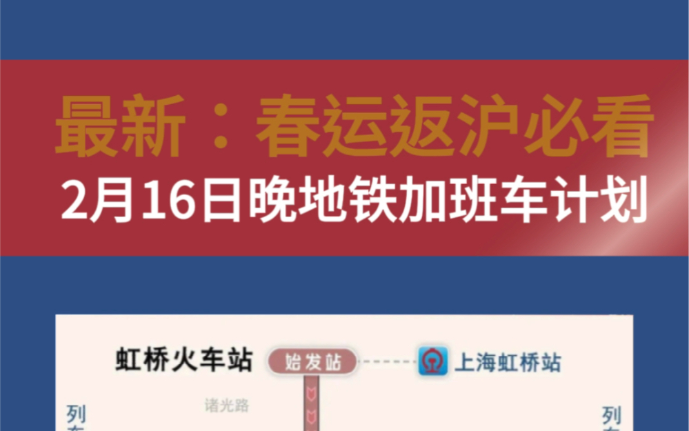 【春运返沪必看】2月16日晚地铁加班车计划:2、10号线虹桥火车站站延至17日2:30;17号线虹桥火车站站延至17日0时;2号线浦东国际机场站延至17日0时...