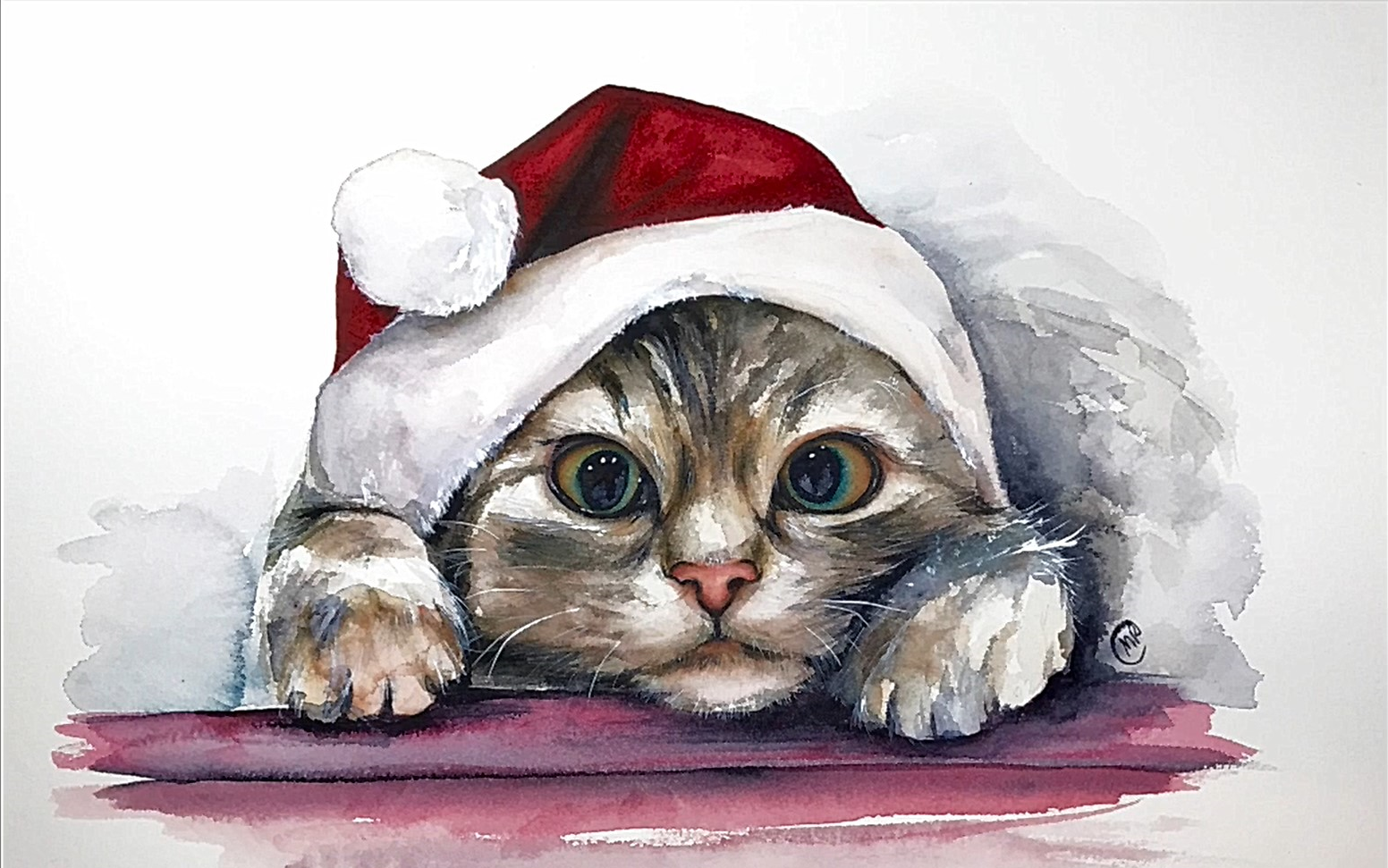 【水彩】水彩圣诞小猫绘画教程,maria raczynska分享 | 搬运图片