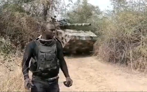 尼日利亚军队机械化部队在博拉诺森林中前进