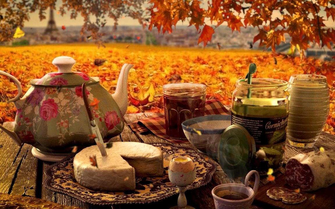 【白噪音】深秋的周末到城市公园野餐 蜂蜜热茶 熏火腿 南瓜派 枫叶落叶 鸟鸣 室外氛围音 环境音