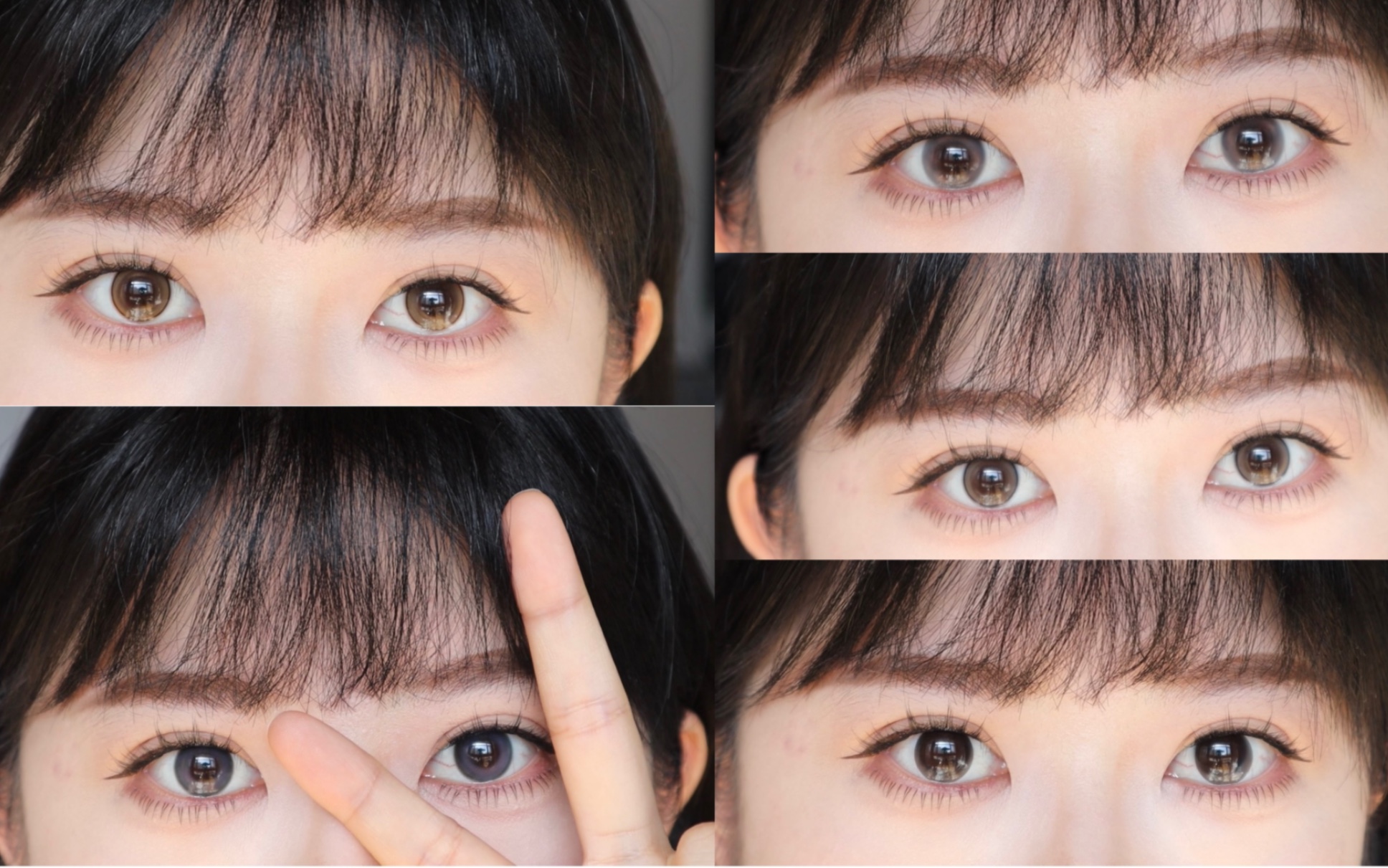 美瞳试色之胡乱试试，可啦啦天生主角棕、可啦啦天生主角灰、可糖酒心贪婪、绮芙莉玫瑰耳语黑、强生黑色艾珊