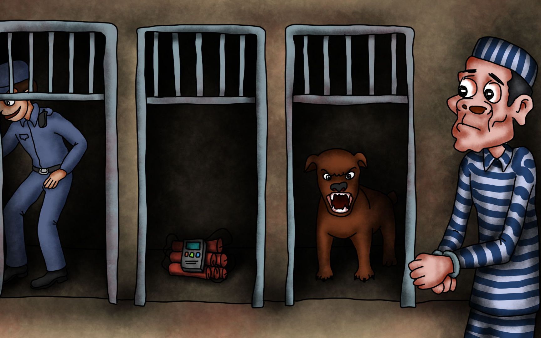 咖子脑力测试：只有三个门，囚犯走哪边的门才能逃出去？