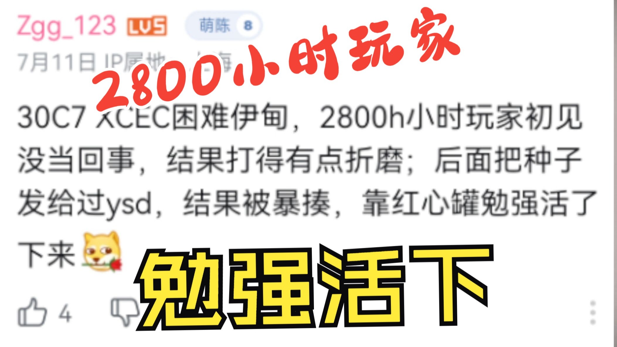 粉丝：2800小时玩家这把勉强活下来 我：无需苟活
