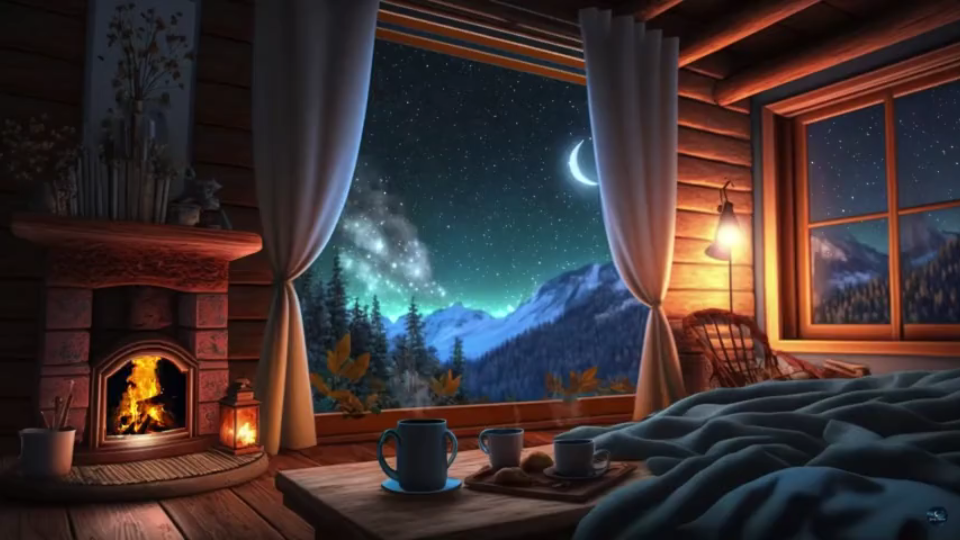【ASMR白噪音】 小屋氛围 | 冬日晴朗夜晚的壁炉卧室