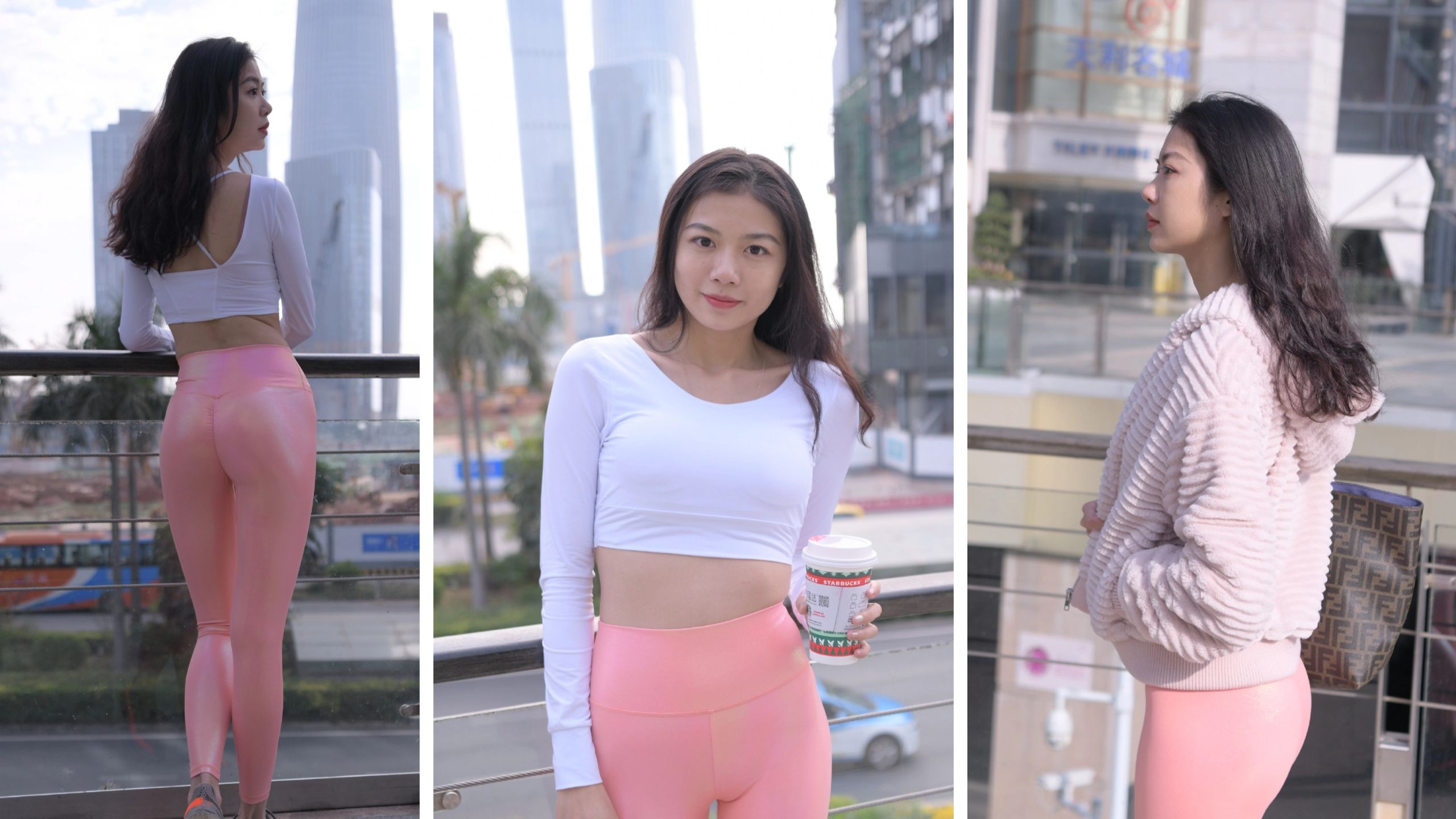 白色长袖 粉色瑜伽裤