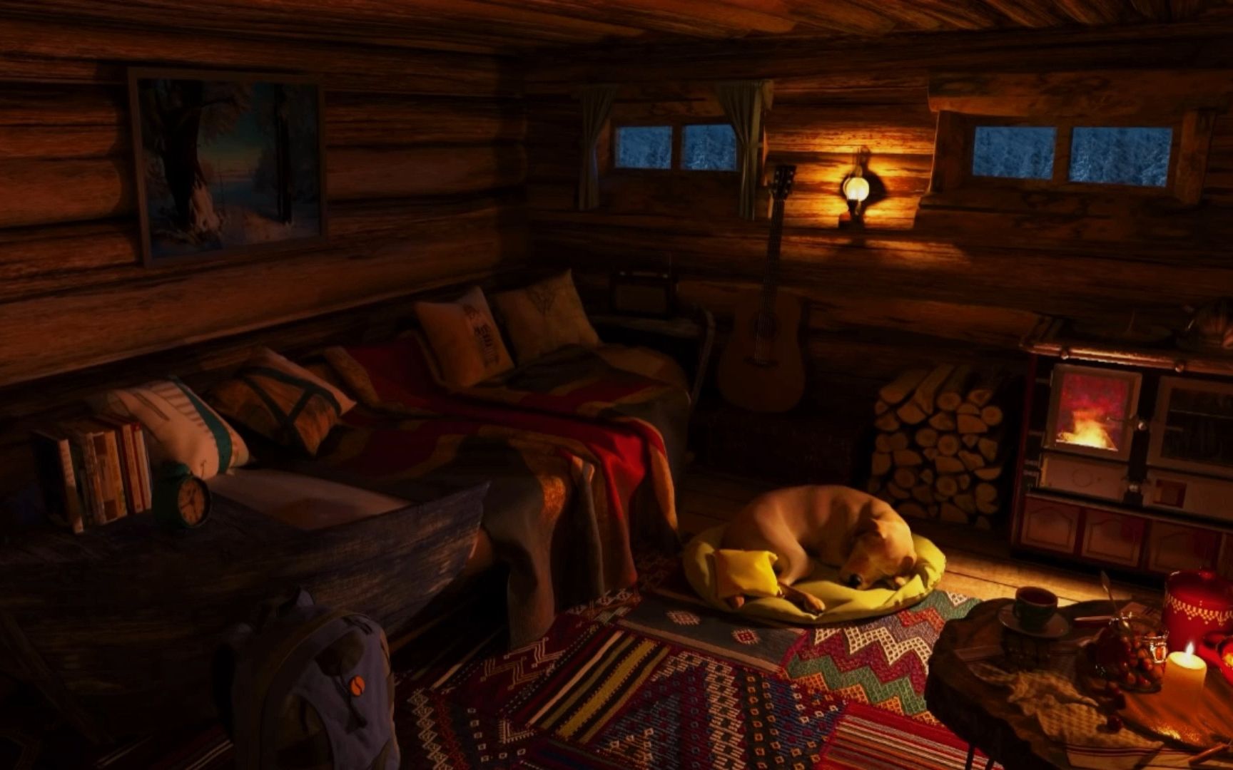 在坚固又舒适的小木屋，听壁炉、暴风雪声音，冬季氛围，深度睡眠