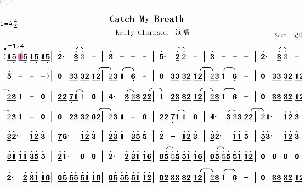 【欧美金曲】Catch My Breath_Kelly Clarkson演唱--动态简谱