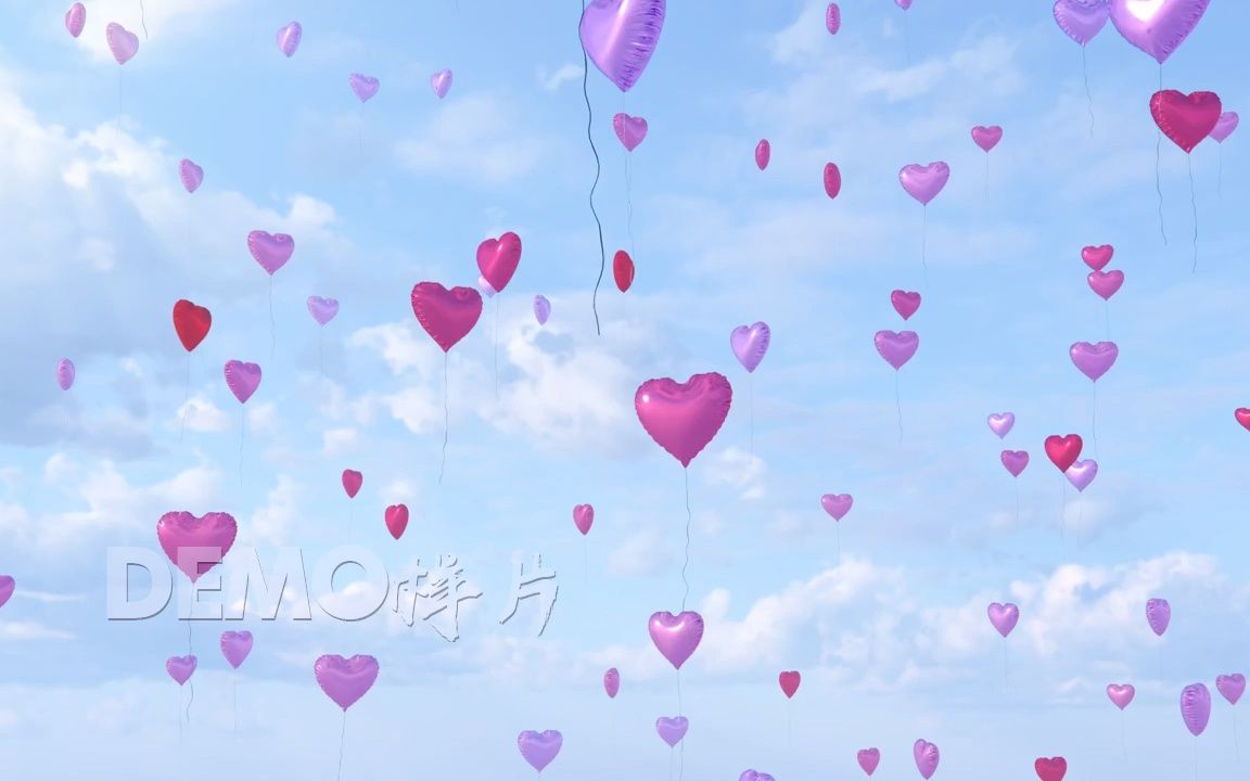 视频素材 ▏k1686 2K画质唯美浪漫创意蓝天白云天空下3D紫色粉色爱心心形气球上升卡通幼儿园儿童节晚会节目大屏幕舞台led背景视频素材