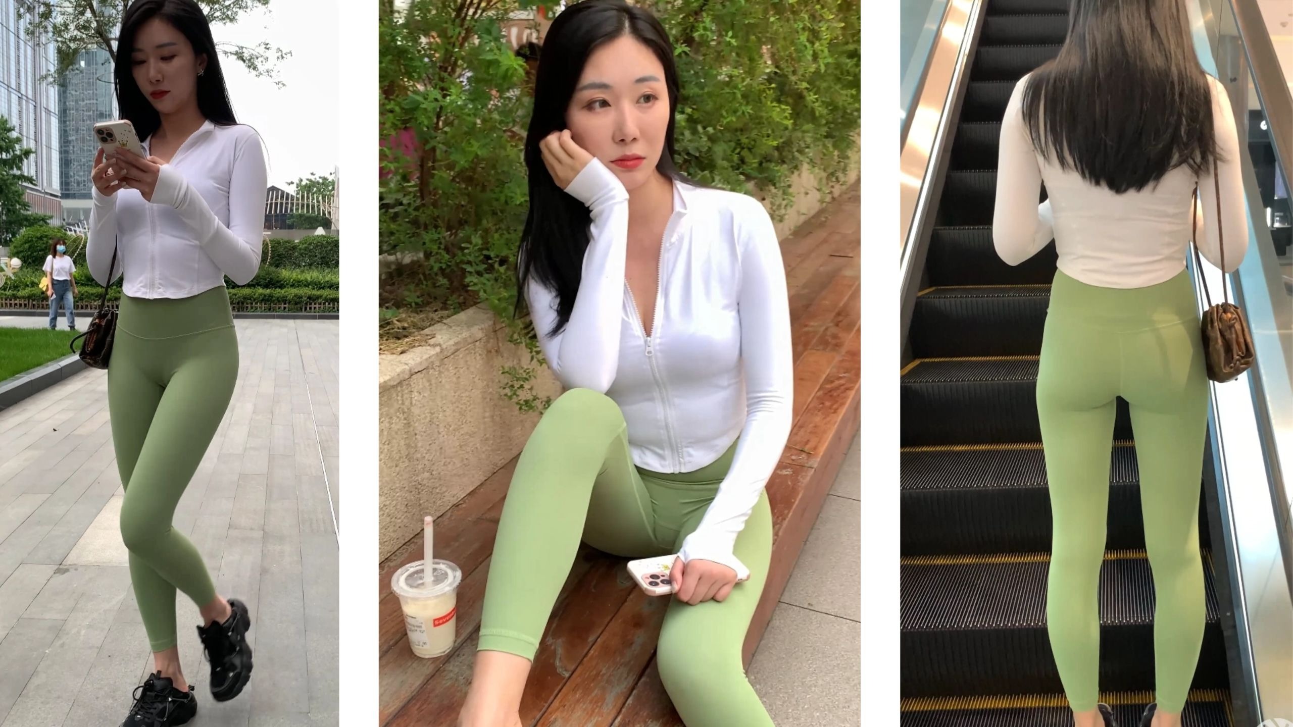 绿色瑜伽裤 白色长袖