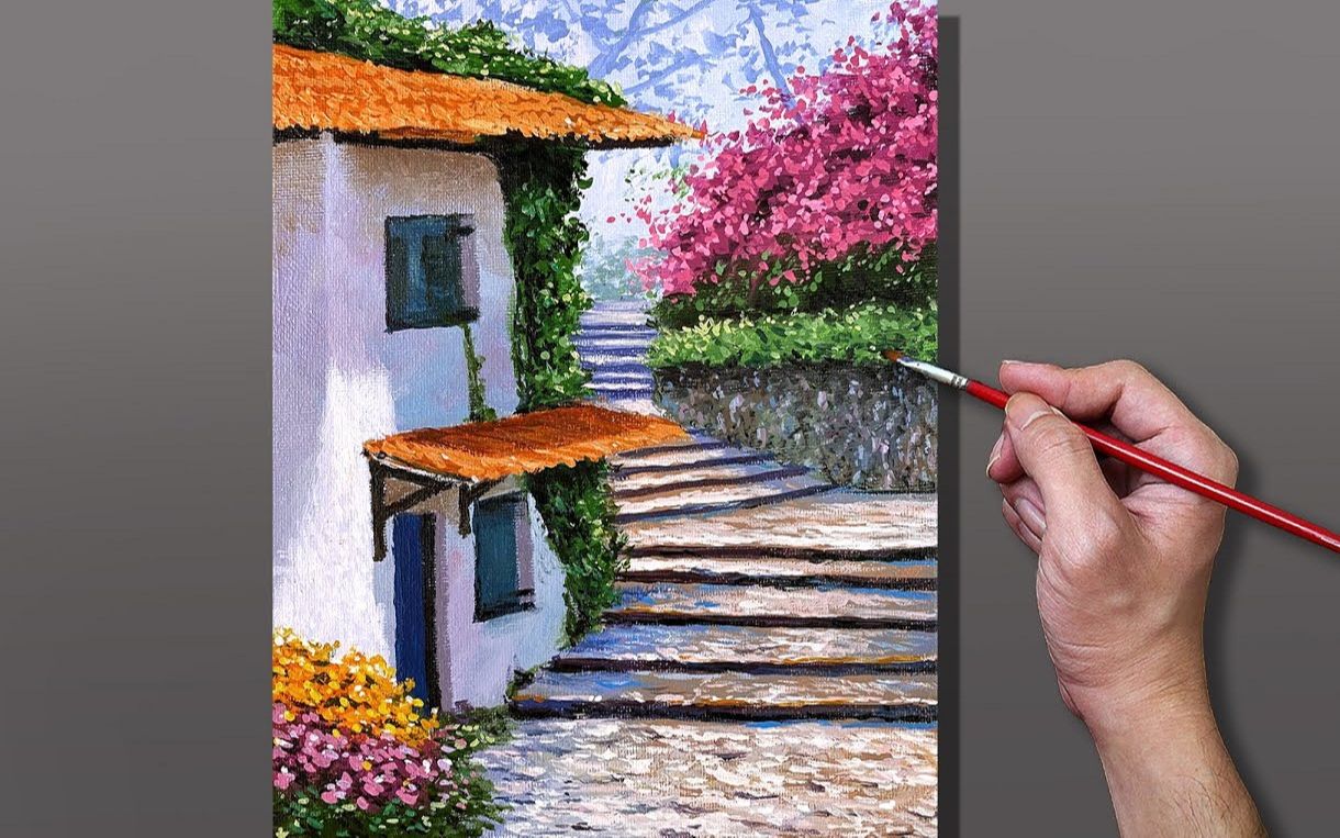 【丙烯画】【绘画教程】【中字】意大利小镇的花园Acrylic Painting Italian Garden Village哔哩哔哩bilibili