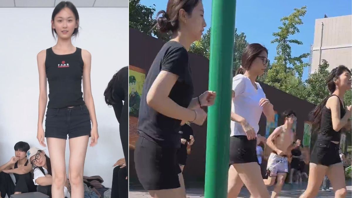 模特生日常训练 户外跑圈 高跟鞋台步训练