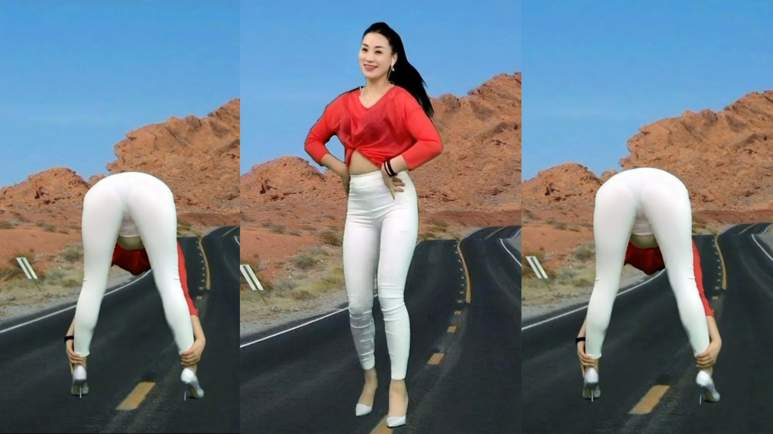 马尾辫熟女 白裤健康舞