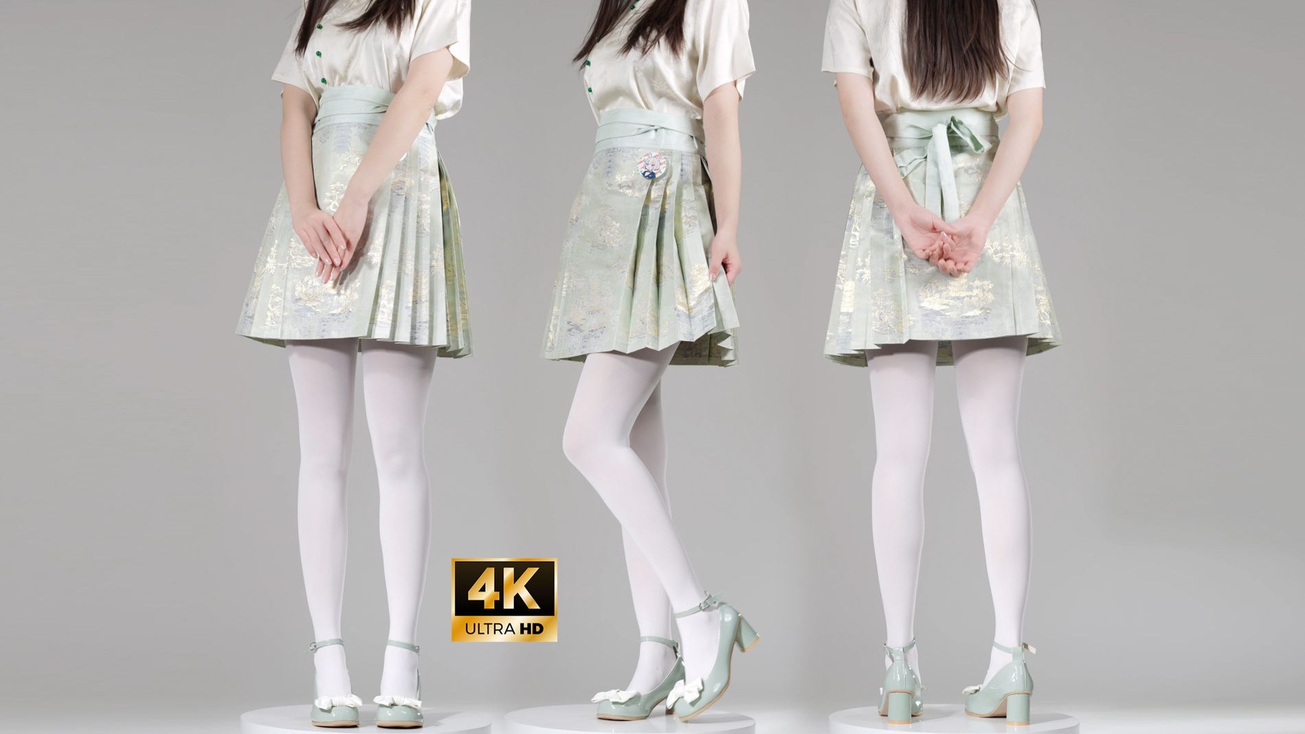 浅绿马面裙和蝴蝶结圆头高跟鞋