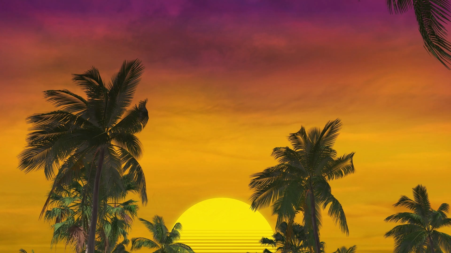 【舞台背景】26-海滨椰树夕阳城市穿越系列动态循环视频背景❤️ 浪漫梦幻舞蹈晚会年会循环动画