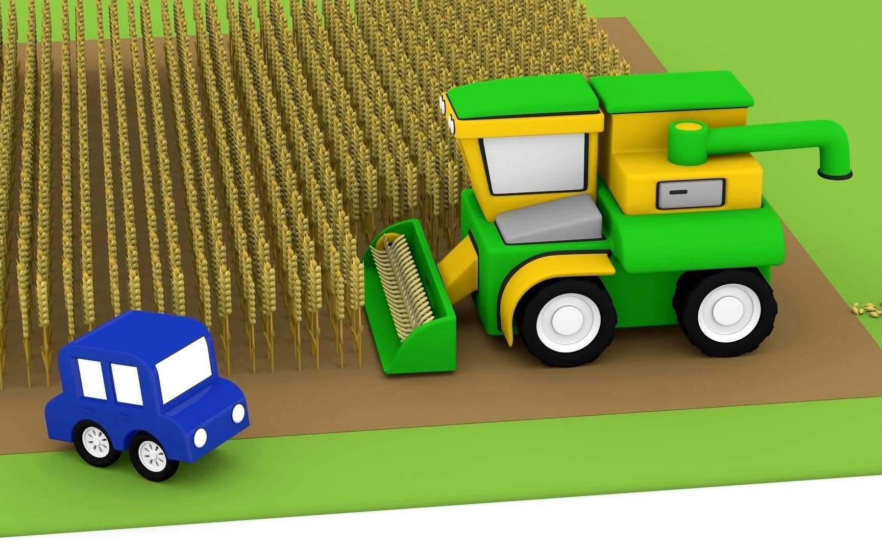 卡通车农场迎来大丰收小汽车们请来农用工程车来帮忙收割！