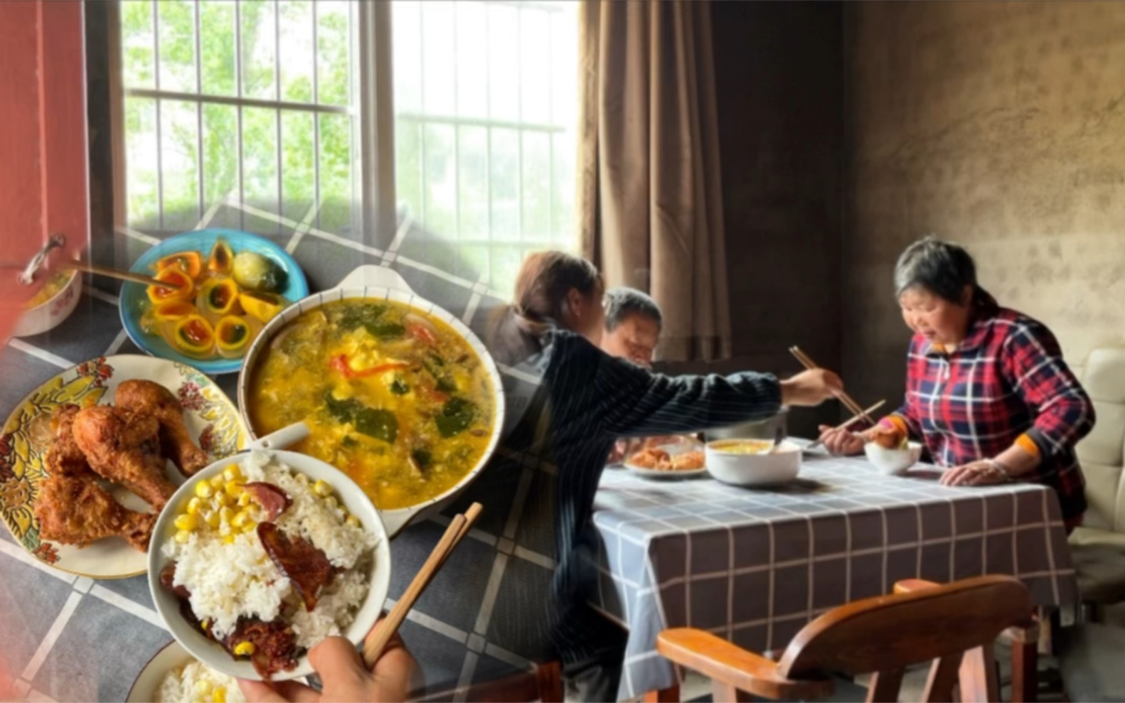 「农村家常菜」三个人两菜一汤，外酥里嫩鸡腿，鸡蛋营养汤。