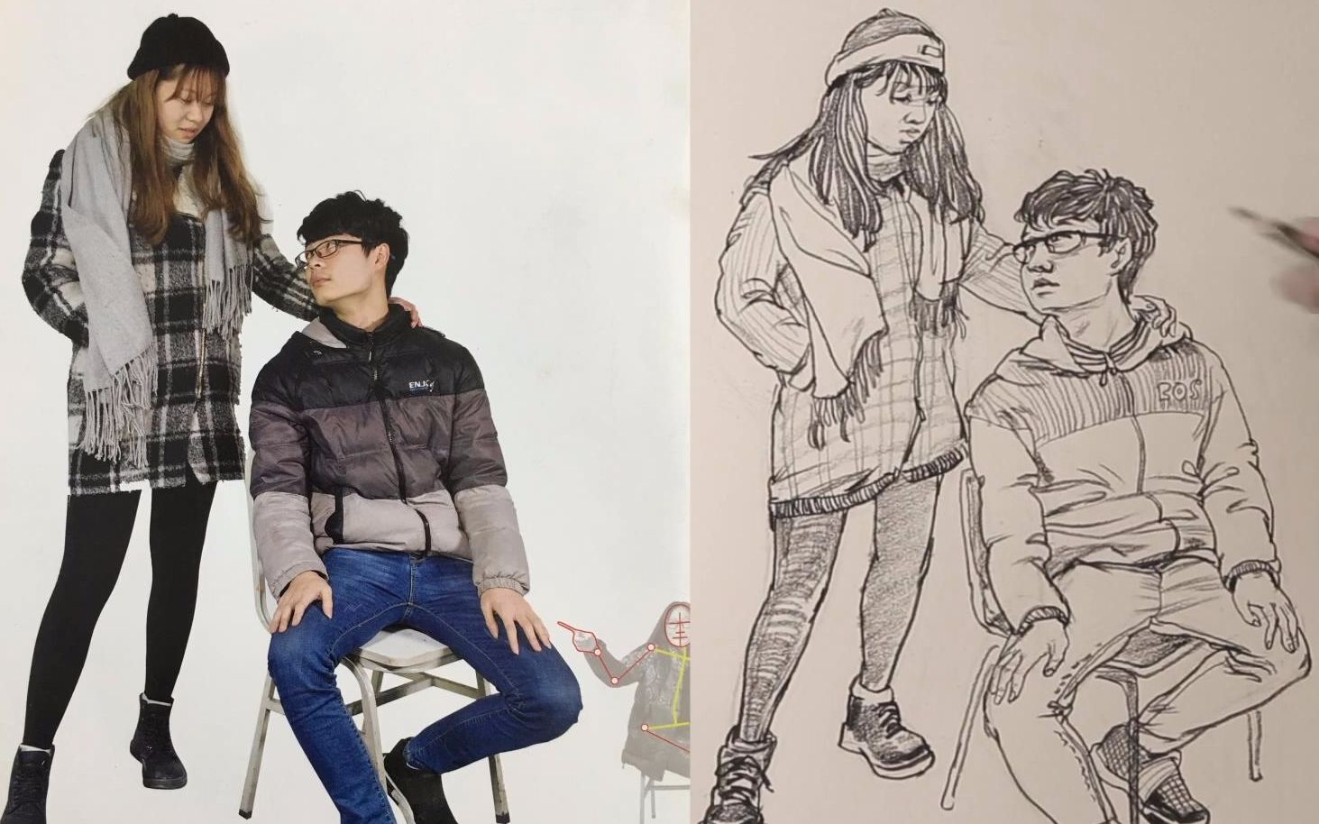 中级组合速写男青年坐姿和戴帽子女青年站姿