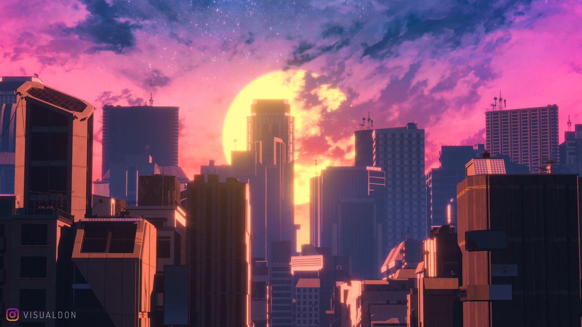 【舞台背景】18-日漫都市夕阳城市穿越系列动态循环视频背景❤️ 浪漫梦幻舞蹈晚会年会循环动画