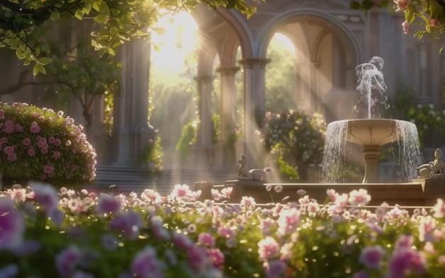 【白噪音】春日欧式宫殿的花园 阳光照射精致的喷泉