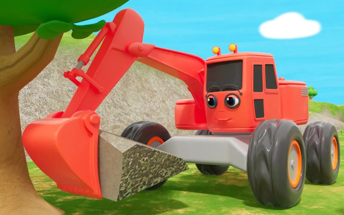 挖掘机用力搬起石头,儿童动画 益智 早教 育儿 玩具 启蒙 卡通 汽车