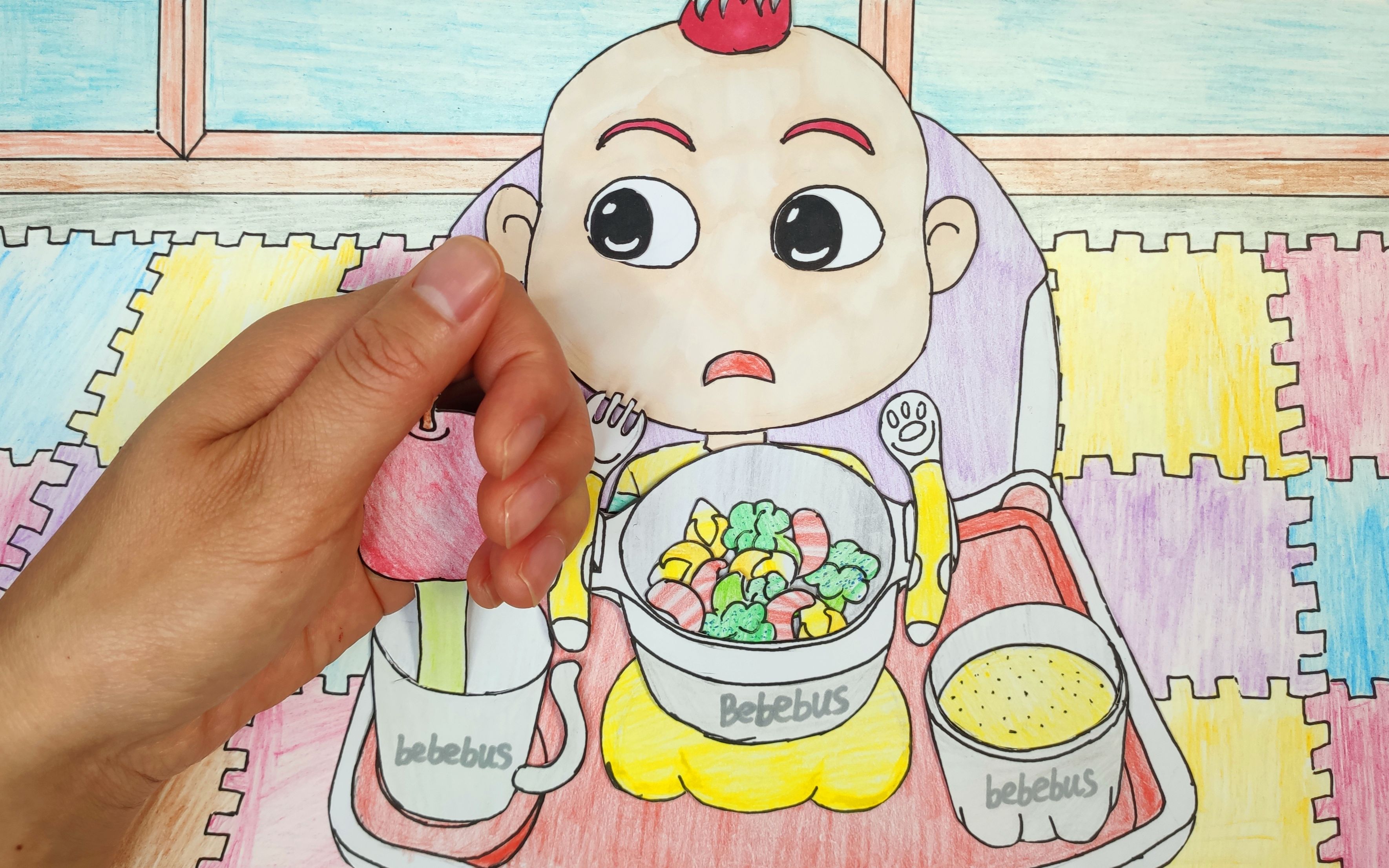 手绘超级宝贝JOJO：美味儿的西兰花虾仁、蒸蛋羹、鲜榨苹果汁！