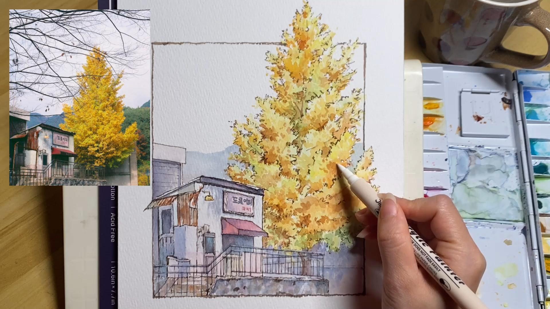 钢笔淡彩画秋天·秋日的小屋完整上色过程