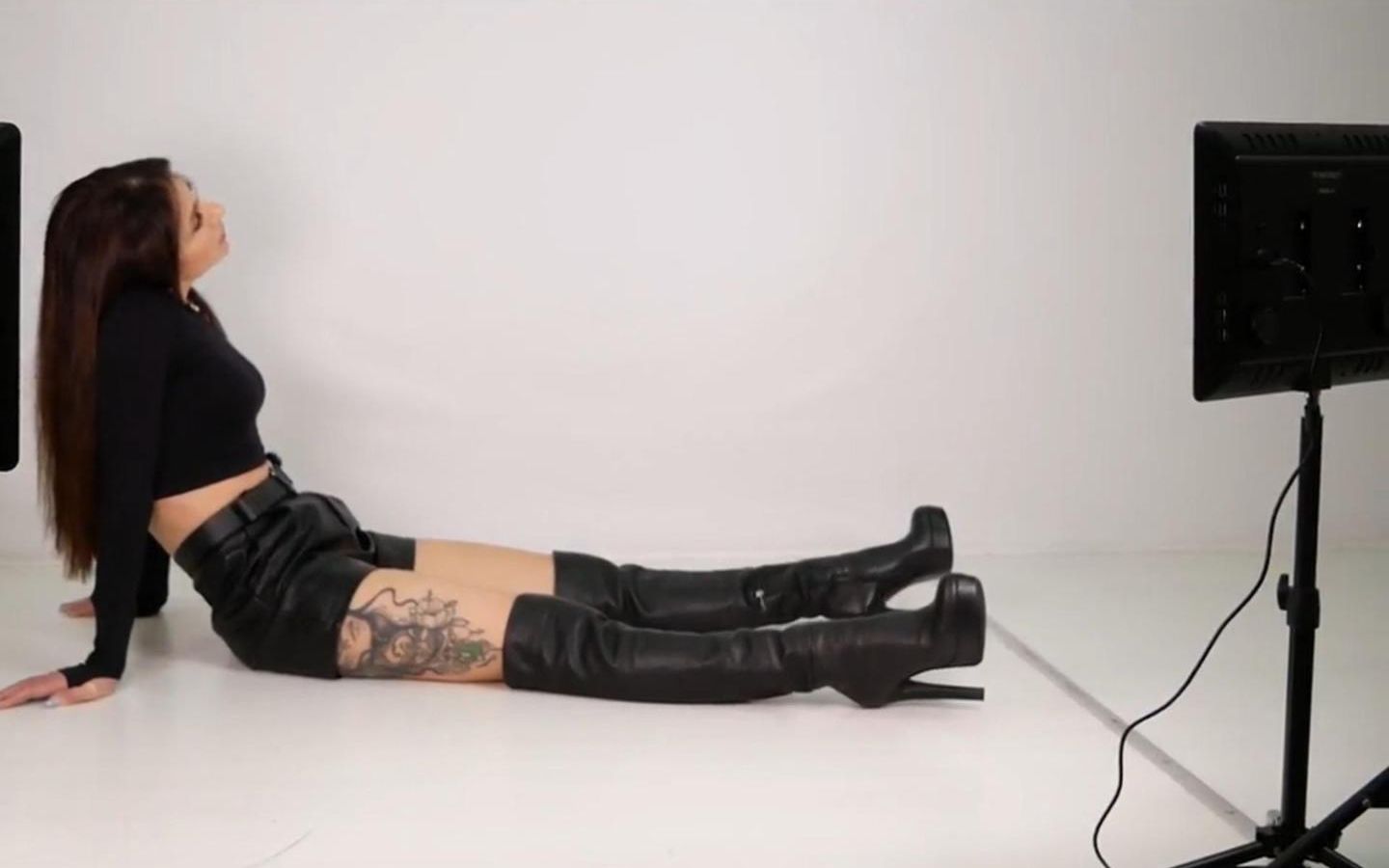 Black Silk Patent Leather Thin Heel Red Sole Knee High Boots 2