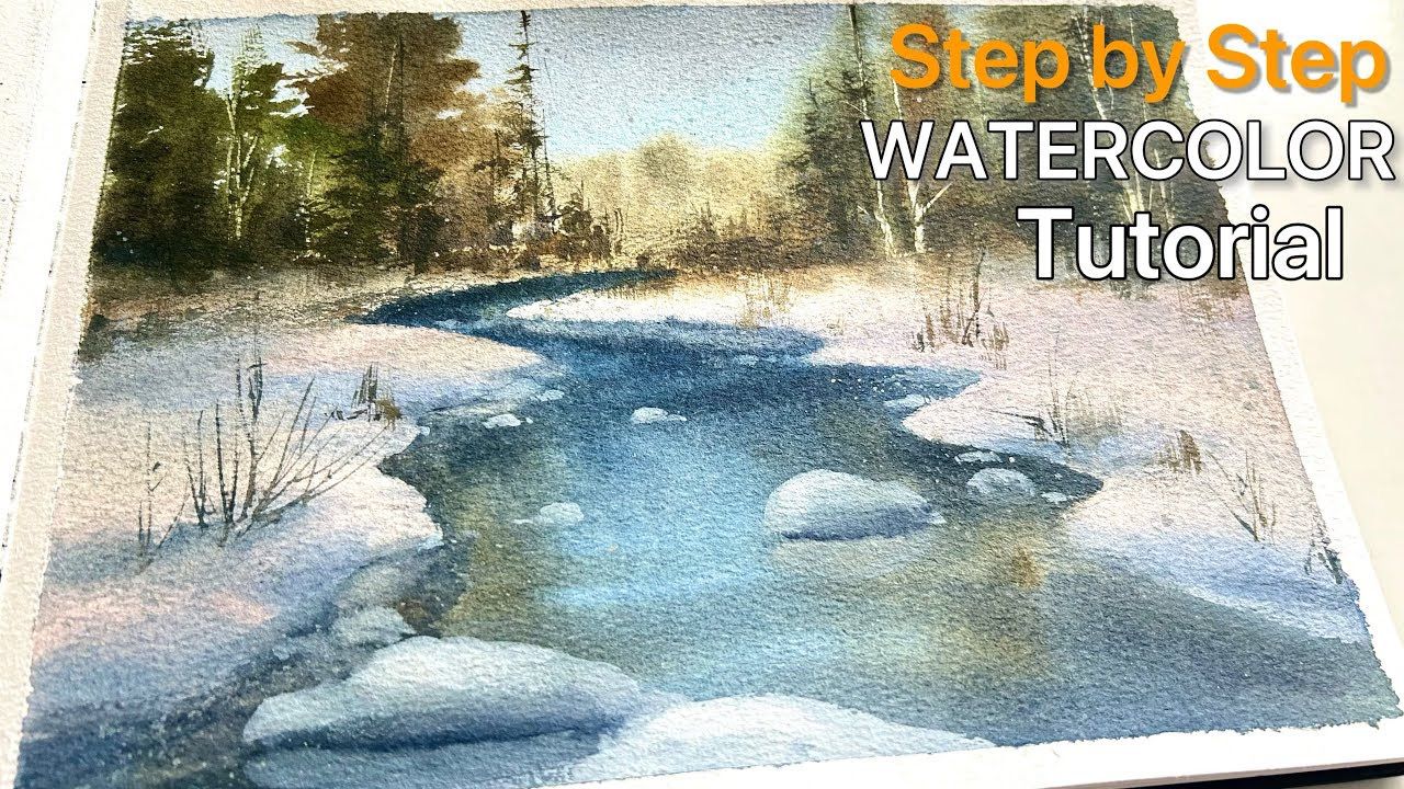 水彩冬日的河流