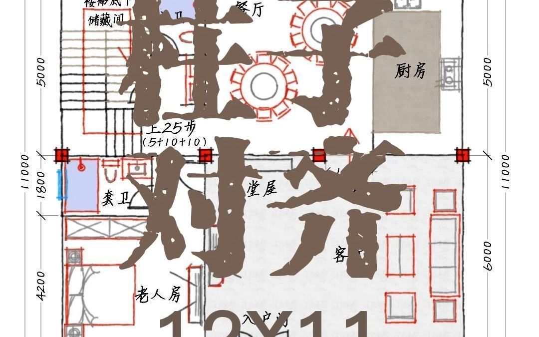 面宽12米进深11米，农村自建房柱子都对齐的布局方式