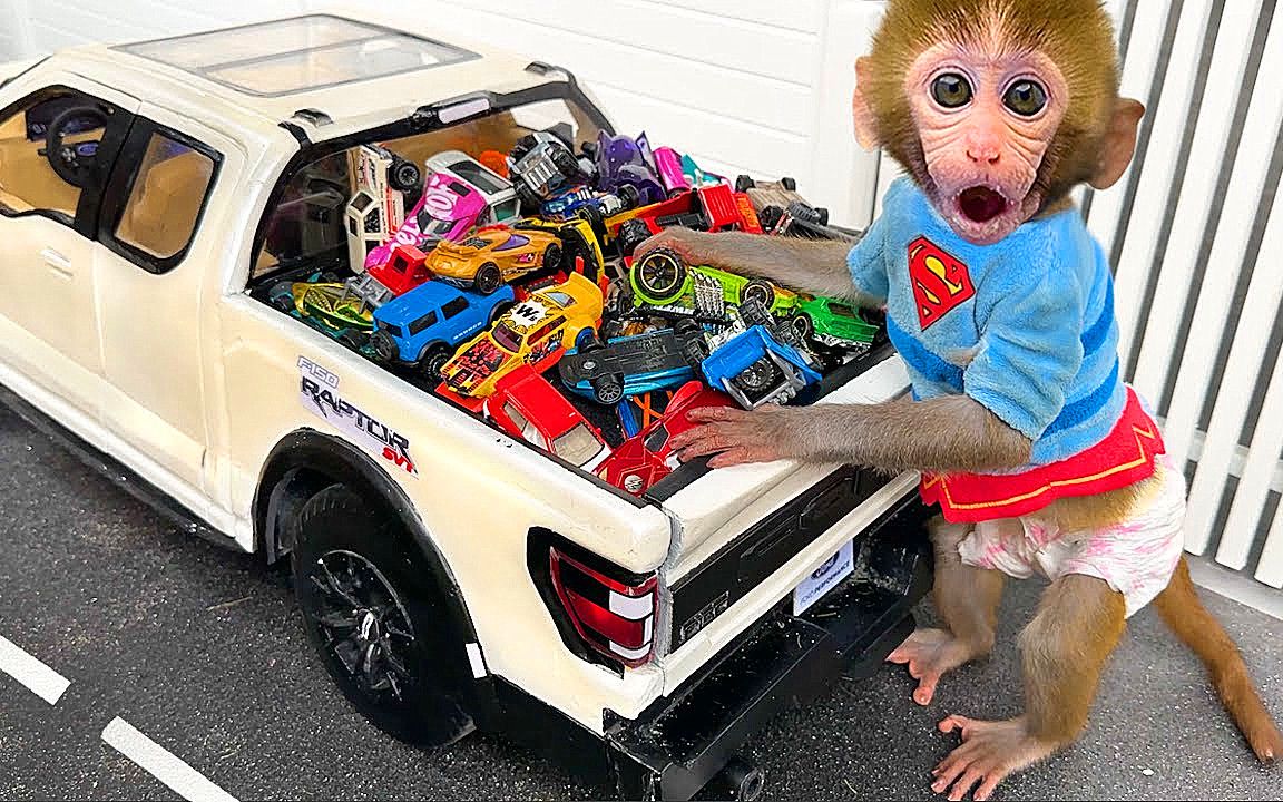 有趣的小猴子：小猴子开着车去买玩具车，和小狗小鸭在赛道旁玩耍