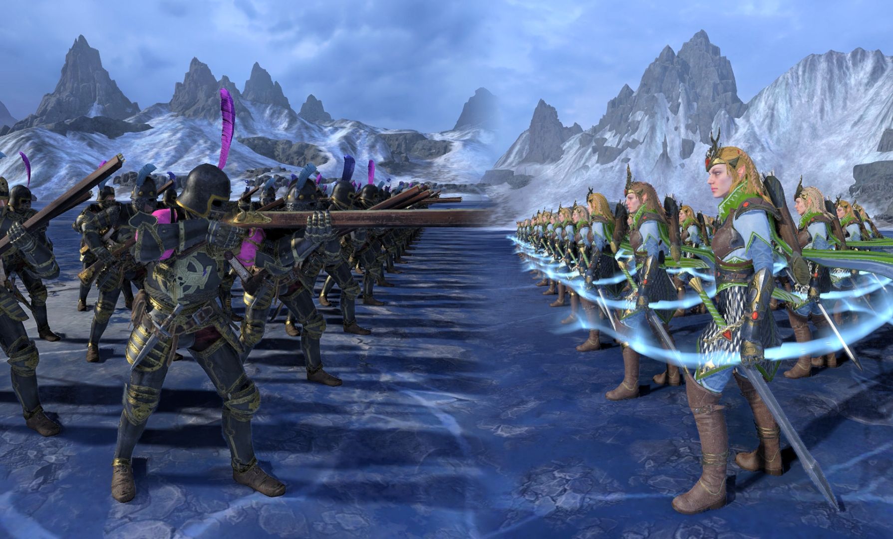 【战锤3全面战争】帝国紫晶铁甲军对战高等精灵阿瓦隆姐妹，火器与弓箭的对决！