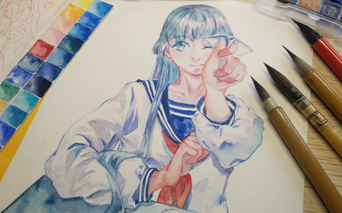 水手服少女【angel妖杂物堆粉丝水彩绘画活动】【水彩过程】