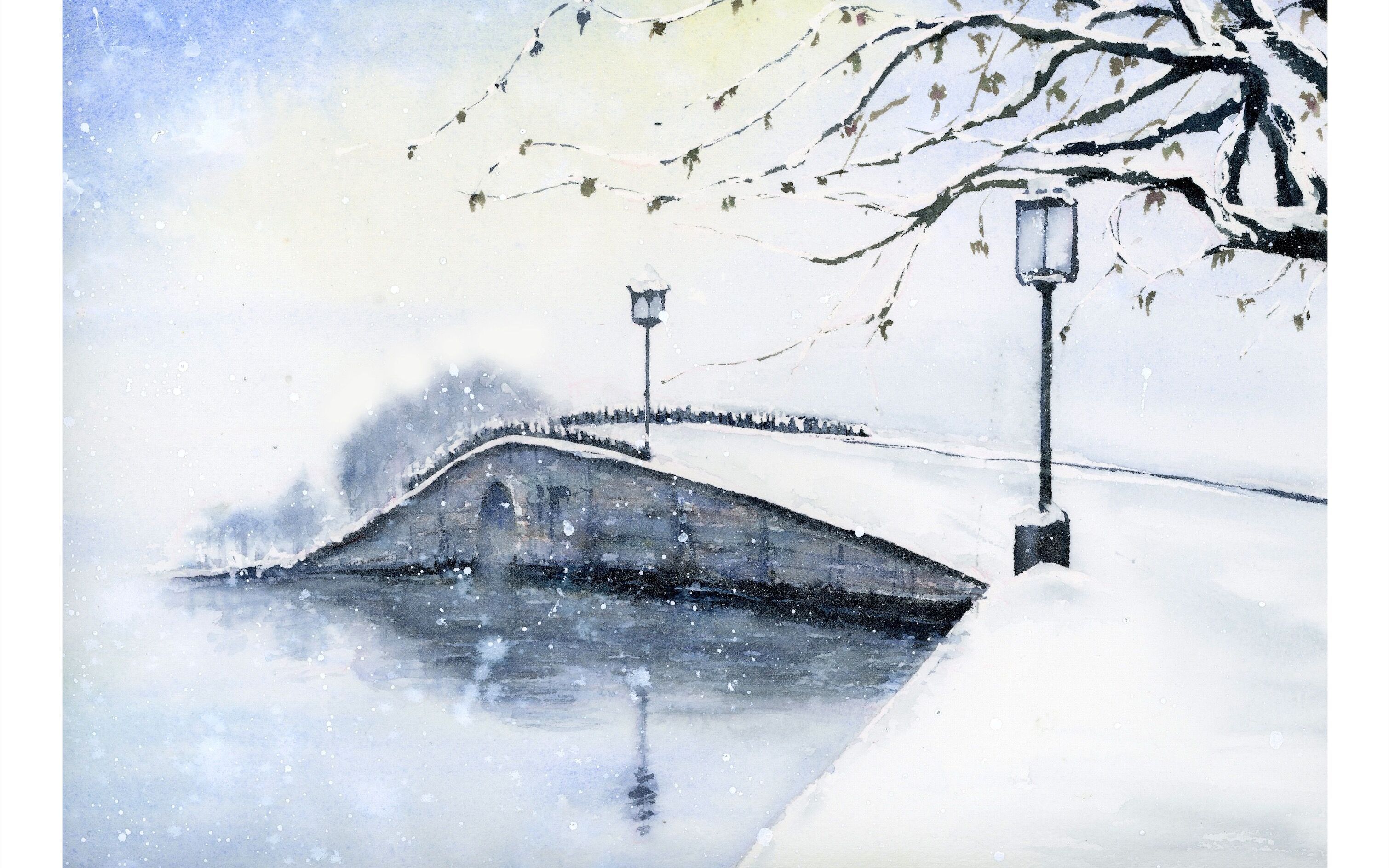 水彩风景断桥残雪雪景过程