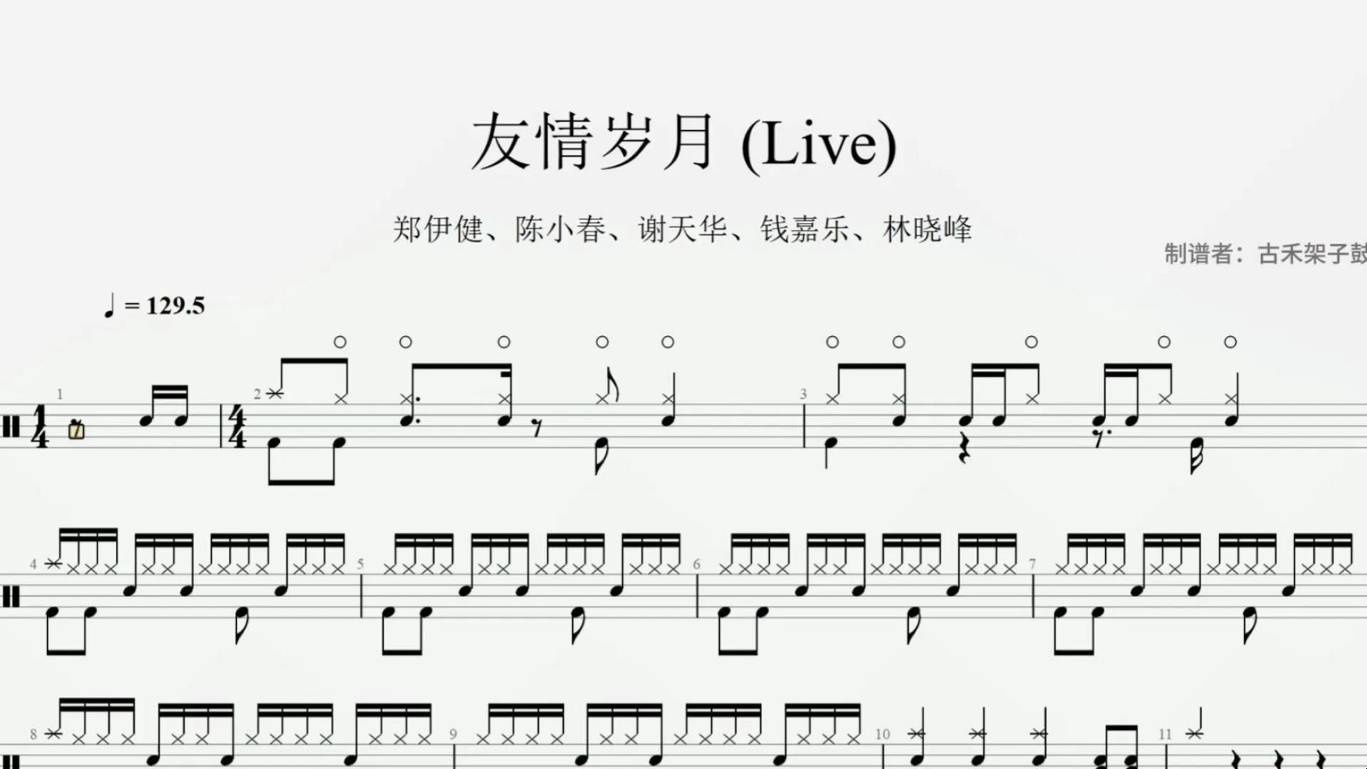 郑伊健、陈小春、谢天华、钱嘉乐、林晓峰《友情岁月》 (Live)架子鼓动态鼓谱