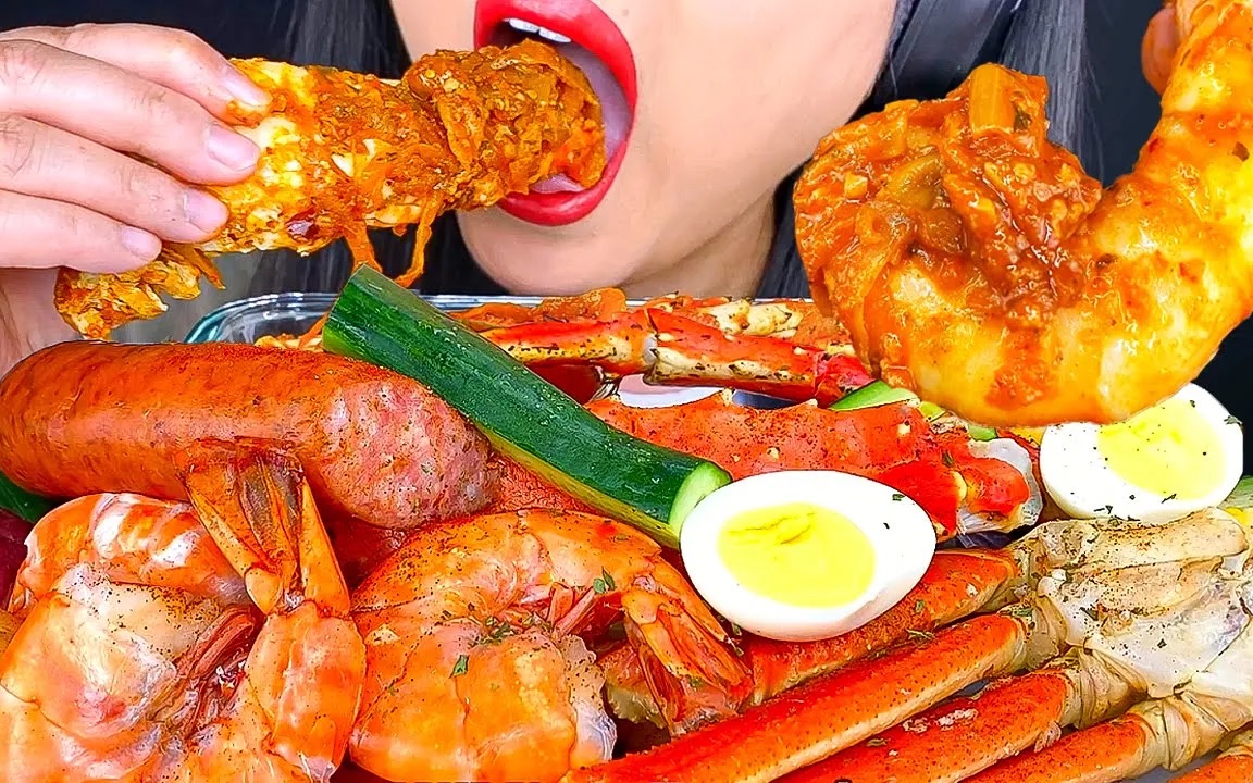 【Phan】吃播 酱汁海鲜碗（帝王蟹&龙虾&对虾&水煮蛋&土豆）