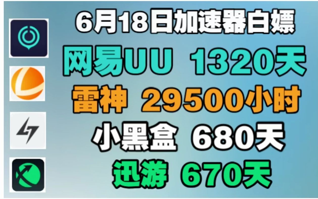 uu加速器6月17日白嫖uu1320天 雷神29500小时 迅游/小黑盒/630天！超多量更新哟